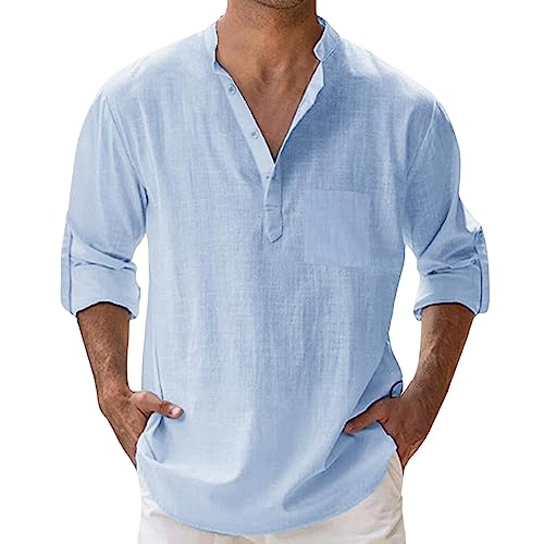 Sommerhemd Herren Langarm Leicht Und Luftig Bügelfrei Slim Fit Freizeithemd Sommer Lang Stehkragen Leinenhemd Schwarz Baumwolle 4XL Herrenhemden Casual mit Tasche Men Shirts von Generisch