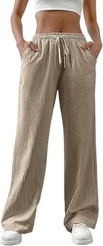 Generisch Khaki Leinenhose Damen Sommer Musselin Hose Leicht Lang Jogginghose Elegant Palazzo Einfarbig Yogahose LäSsig Weites Bein Freizeithose Sommerhose Leinen Mode Strandhose von Generisch