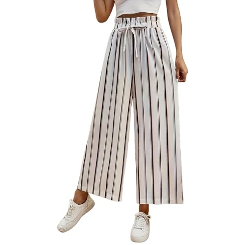 Sommerhose Damen Leicht 7/8 - Gestreift Culotte Hosen Baumwolle Freizeithose Sommer Bequeme Stoffhose Hohe Taille Straight Leg Casual Hose Leicht Lockere Strandhose mit Kordelzug und Taschen von Generisch