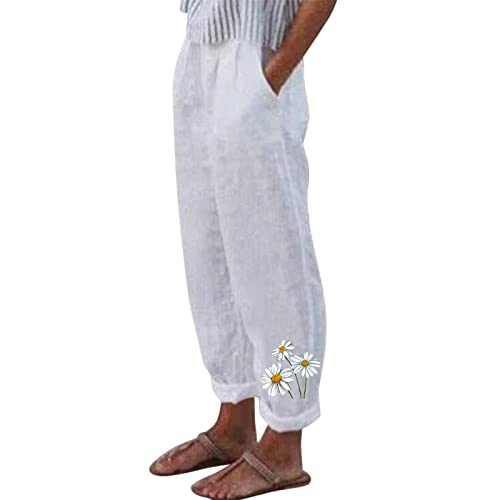 Sommerhose Damen Leicht 7/8 Leinenhose Sommer High Waist Hosen Elegant Stoffhose Frauen Linen Jogginghose Luftig Hose Mit Tunnelzug Taschen Lockere Baumwolle Boho Strandhose Pumphose (3-White, XXL) von Generisch