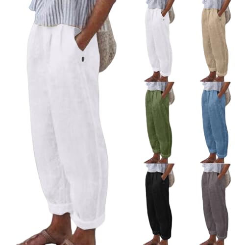 Sommerhose Damen Leicht 7/8 Leinenhose Sommer High Waist Hosen Elegant Stoffhose Frauen Linen Jogginghose Luftig Hose Mit Tunnelzug Taschen Lockere Baumwolle Boho Strandhose Pumphose (8-White, XXXL) von Generisch