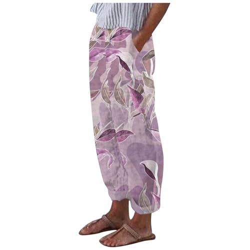 Sommerhose Damen Leicht 7/8 Leinenhose Sommer High Waist Hosen Elegant Stoffhose Frauen Linen Jogginghose Luftig Hose Mit Tunnelzug Taschen Lockere Baumwolle Boho Strandhose Pumphose (9-Red, M) von Generisch