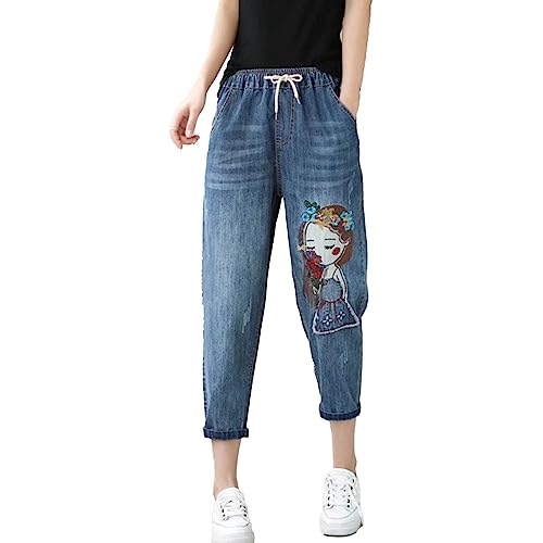Sommerhose Damen Leicht 7/8 Weit : Damen Jeanshosen High Waist Bedruckte Elegant Löcherjeans Elastische Mit Kordelzug Baggy Denimhose Faux Denim Straight Jeans Schlupfhose Haremshose Freizeithose von Generisch