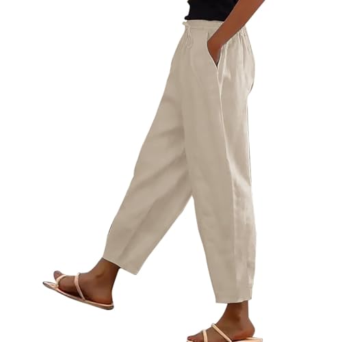 Sommerhose Damen Leicht Knöchellang Große Größen Leinenhose Damen Sommer Weite High Waist Hosen Sommer Mit Gummizug Und Kordelzug Hose Frauen Elegant Baumwolle Leichte Sommerhosen Mit Taschen von Generisch