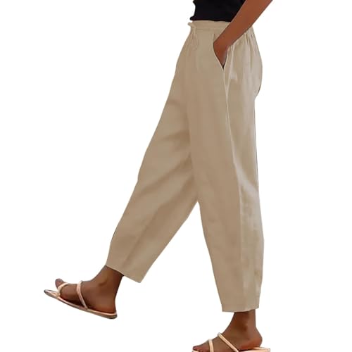 Sommerhose Damen Leicht Knöchellang Große Größen Leinenhose Damen Sommer Weite High Waist Hosen Sommer Mit Gummizug Und Kordelzug Hose Frauen Elegant Baumwolle Leichte Sommerhosen Mit Taschen von Generisch
