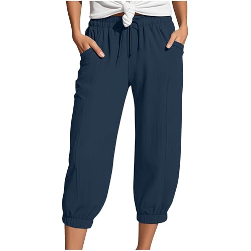 Sommerhose Damen Leicht Leinenhose Musselin Hosen Stoffhose Einfarbig Freizeithose Gerade Geschnitten Hose Sommerhose Und Taschen Hose Damen Schwarz Sportlich-lässiger Stil von Generisch