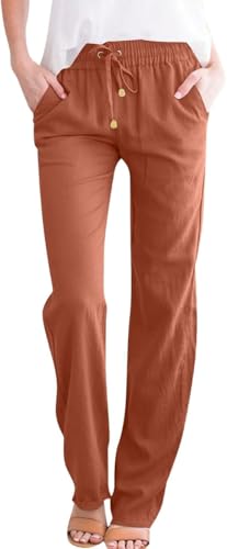Sommerhose Damen Leicht Leinenhose Musselin Hosen Stoffhose Einfarbig Freizeithose Gerade Geschnitten Hose Sommerhose und Taschen (Braun,L) von Generisch