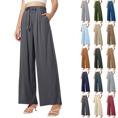 Sommerhose Damen Leicht Weite Beine Lässige Einfarbig Hose High Waist Strandhose Freizeithose Stoffhose Baumwolle Leinen Hosen mit Taschen und Kordelzug Elegant Elastische Taille Sommer Musselin Hosen von Generisch