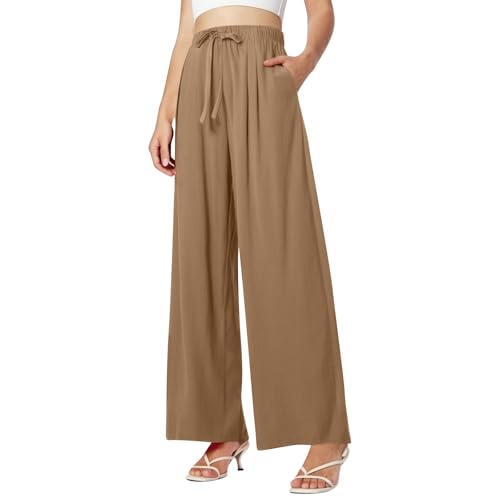 Sommerhose Damen Leicht Weite Beine Lässige Einfarbig Hose High Waist Strandhose Freizeithose Stoffhose Baumwolle Leinen Hosen mit Taschen und Kordelzug Elegant Elastische Taille Sommer Musselin Hosen von Generisch
