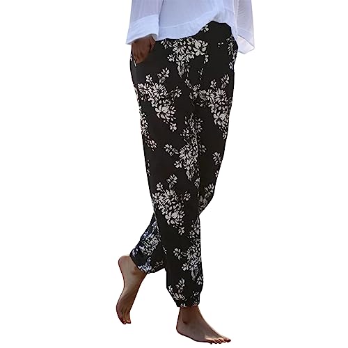 Sommerhose Damen Leicht und Luftig Sommer Musselin Hose Locker Boho Strandhose Stoffhose Casual Pants Stoffhose Weites Bein Freizeithose Bequeme High Waist Hose Schlupfhosen Hippie Lange Haremshose von Generisch