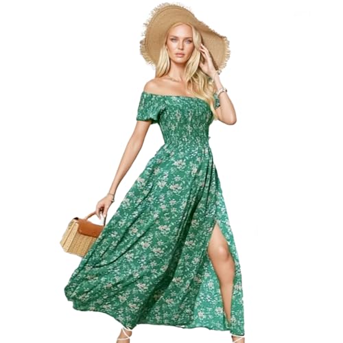 Sommerkleid Damen, 2025 Neu Boho Kleid Damen Elegant Off Shoulder Kleid, Print Freizeitkleider Beach (DE/NL/SE/PL, Alphanumerisch, L, Regular, Regular, Grün) von Generisch