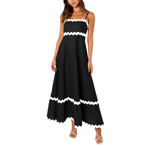 Sommerkleid Damen, Damen-Sommerkleid Spaghettiträger langes Maxikleid Fließendes Gesmoktes Kleid lässiges Strand-Sommerkleid Strandkleid Damen Kleid Damen Sommer Boho Kleid Damen Freizeitkleider von Generisch
