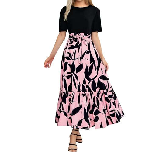 Sommerkleid Damen, Sommerkleider Damen Knielang Elegant Freizeitkleid Kurzarm Rundhals Midi Tunikakleid Blumen Leicht Blusenkleid A Linie Strandkleid Mit Taschen S XXL von Generisch