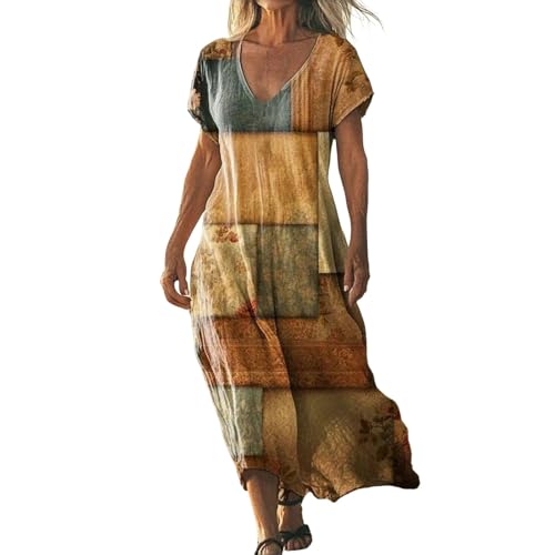 Sommerkleid Damen, Strandkleid Damen Lang Vintage a Linie V Ausschnitt Tunikakleid Sommer Blümchenkleid Maxikleid Strandmode Sommerkleider Leicht und Luftig Vintage Shirtkleid, XXL von Generisch