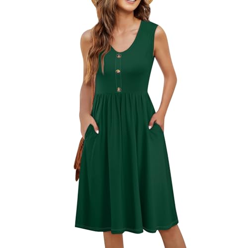 Sommerkleid Damen,Blumenkleid Damen Elegant Kleid Rückenfrei Damenkleider Sommer Summer Dress Mit Ärmel Taschen Lange Sommerkleider Weiße Spaghetti M Dark Green 13 von Generisch