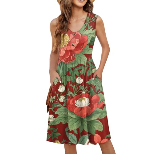 Generisch Sommerkleid Damen,Blumenkleid Damen Elegant Kleid Rückenfrei Damenkleider Sommer Summer Dress Mit Ärmel Taschen Lange Sommerkleider Weiße Spaghetti M Dark Gray 18 von Generisch