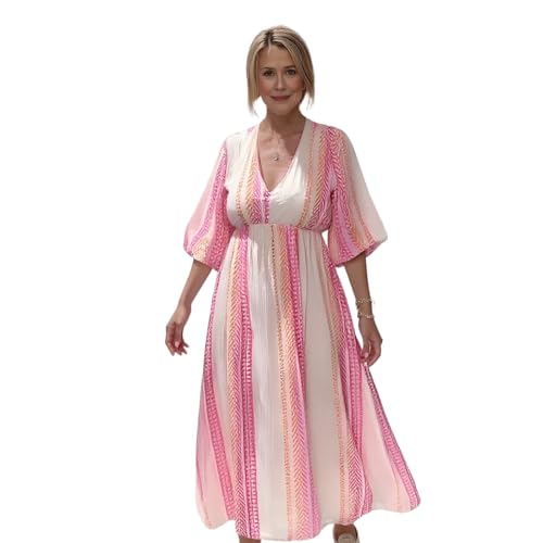 Sommerkleid Damen 2025 Neu V Ausschnitt Sommerkleid Damen Knielang Elegant Kleid Blumenmuster Leicht und Luftig Kleid Fließend Maxikleid (DE/NL/SE/PL, Alphanumerisch, M, Regular, Regular, Weiß) von Generisch