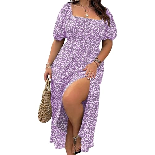 Sommerkleid Damen 2025 Quadratischer Hals Geblümte Midi Kleid Kurzarm A-Linie Kleid Casual Leicht Strandkleid mit Split (DE/NL/SE/PL, Alphanumerisch, 4XL, Regular, Regular, Lila) von Generisch
