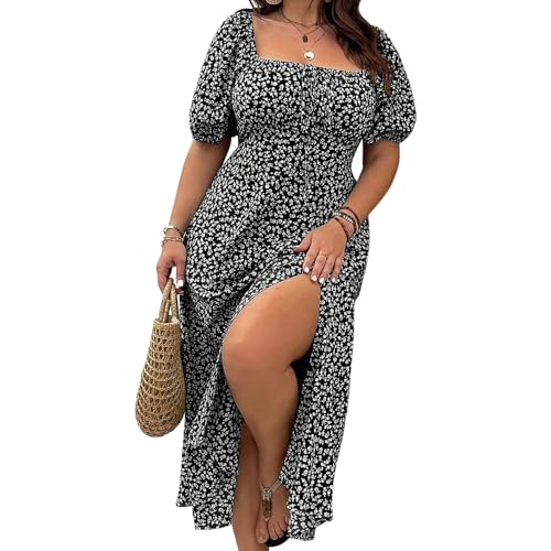 Sommerkleid Damen 2025 Quadratischer Hals Geblümte Midi Kleid Kurzarm A-Linie Kleid Casual Leicht Strandkleid mit Split (DE/NL/SE/PL, Alphanumerisch, XL, Regular, Regular, Schwarz) von Generisch
