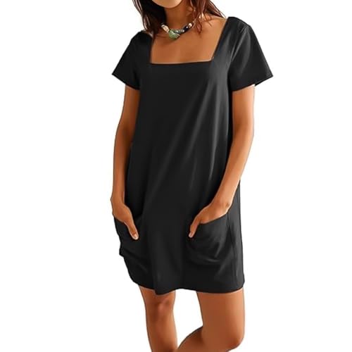 Sommerkleid Damen 2025 Quadratischer Hals Midi Kleid Kurzarm A-Linie Kleid Casual Leicht Strandkleid mit Taschen (DE/NL/SE/PL, Alphanumerisch, L, Regular, Regular, Schwarz) von Generisch