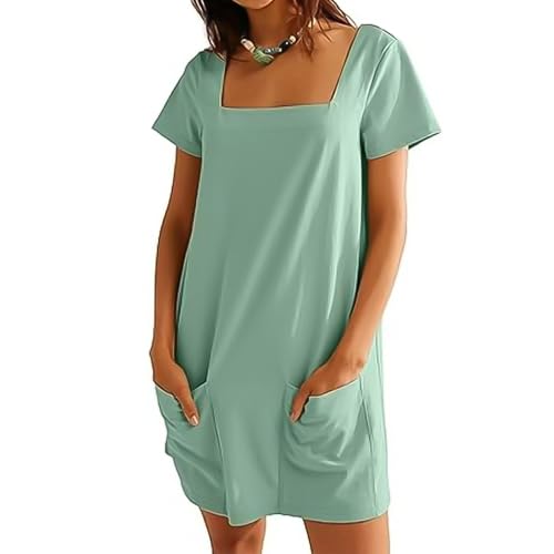 Sommerkleid Damen 2025 Quadratischer Hals Midi Kleid Kurzarm A-Linie Kleid Casual Leicht Strandkleid mit Taschen (DE/NL/SE/PL, Alphanumerisch, S, Regular, Regular, Hellgrün) von Generisch