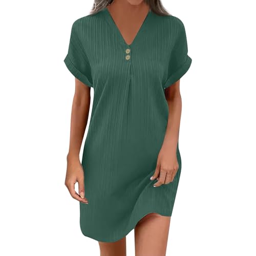Sommerkleid Damen A Linie Strandkleid Kurzarm Leinenkleider V-Ausschnitt Luftige Dress Einfarbige Blusenkleider Mit Knöpfen Lässiges Etuikleid Elegant Locker Freizeitkleid Grün 3XL von Generisch