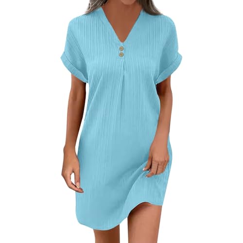 Sommerkleid Damen A Linie Strandkleid Kurzarm Leinenkleider V-Ausschnitt Luftige Dress Einfarbige Blusenkleider Mit Knöpfen Lässiges Etuikleid Elegant Locker Freizeitkleid Hellblau M von Generisch