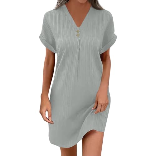 Sommerkleid Damen A Linie Strandkleid Kurzarm Leinenkleider V-Ausschnitt Luftige Dress Einfarbige Blusenkleider Mit Knöpfen Lässiges Etuikleid Elegant Locker Freizeitkleid Silber M von Generisch