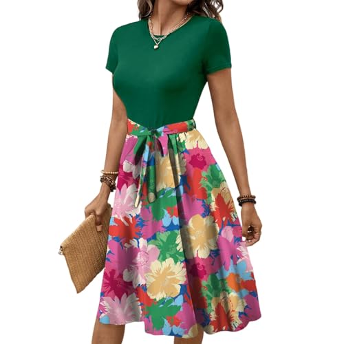 Sommerkleid Damen A Linien Rundhals Blusenkleid mit Blumenmuster Blumenkleid Schlankmacher Lange Kleider Sommer Boho Kleid Freizeitkleid Linie Ball Gown Midi Cocktailkleider Hochzeitsgast von Generisch