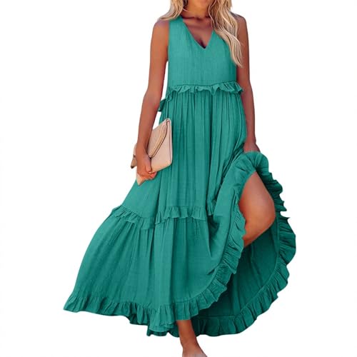 Sommerkleid Damen Ärmellos Maxikleid A Linie Strandkleid Unregelmäßiger Kuchen Freizeitkleid V-Ausschnitt Langes Kleider Bohemien Kleid Einfarbig Kleid mit innerer Auskleidung (Army Green,L) von Generisch