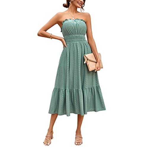 Sommerkleid Damen Bandeau Schulterfrei Midikleid Einfarbig Rüschen Freizeitkleid Boho Casual Sommerkleider Damen Leicht und Luftig Swing Bandeau Kleid Sommer Elegant Solide Lässiges Kleider von Generisch