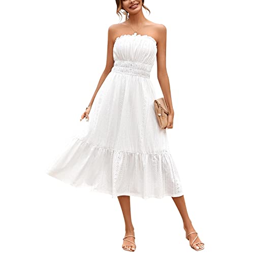 Sommerkleid Damen Bandeau Schulterfrei Midikleid Einfarbig Rüschen Freizeitkleid Boho Casual Sommerkleider Damen Leicht und Luftig Swing Bandeau Kleid Sommer Elegant Solide Lässiges Kleider von Generisch