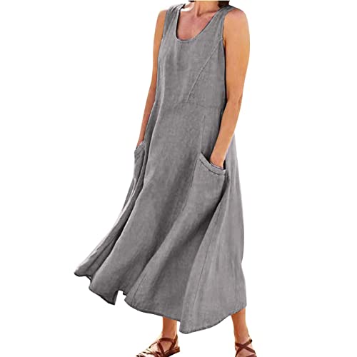 Sommerkleid Damen Blau Lang Leinenkleid Kleider Baumwolle Leinen Sommerkleider Einfarbige Blusenkleid A-Linien Kleid Kurzarm Rundhals Strandkleid luftig Maxikleid mit Taschen von Generisch