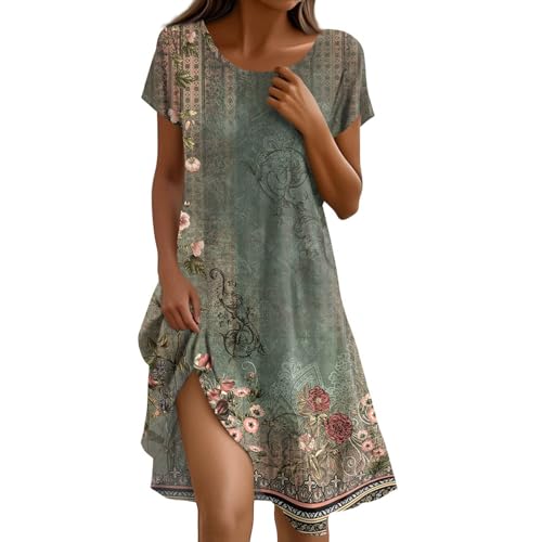 Sommerkleid Damen Boho Kleid Rundhals Ausschnitt Tunikakleid Elegant Blusenkleid Kurzarm Freizeitkleid Strandkleid Hemdkleid Minikleid T-Shirt Kleider 1#Armeegrün L von Generisch