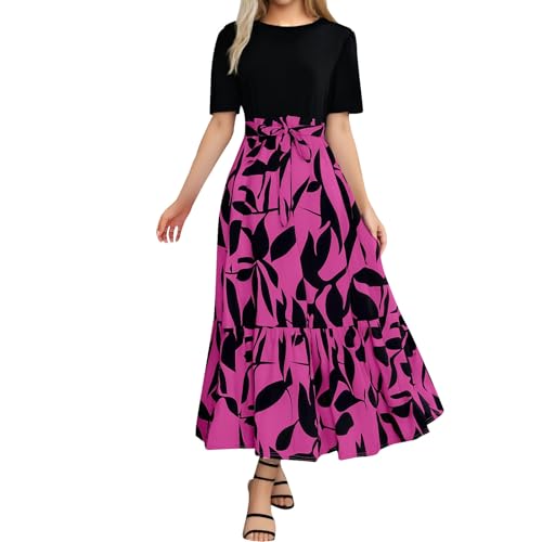 Sommerkleid Damen Elegant Kleider Kurzarm Rundhals Midikleid A-Linie Blumenkleid Mode Wickelkleid Lässig Freizeit Strandkleider Hohe Taille Knielang Tunika Kleid Stylish Festlich Gürtel (XXL) von Generisch