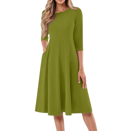 Sommerkleid Damen Elegant Knielang Abendkleider Damen 3/4 Arm Rundhals Midikleider Einfarbig Freizeitkleid A Linie Tunika-Kleid Armeegrün-A L von Generisch