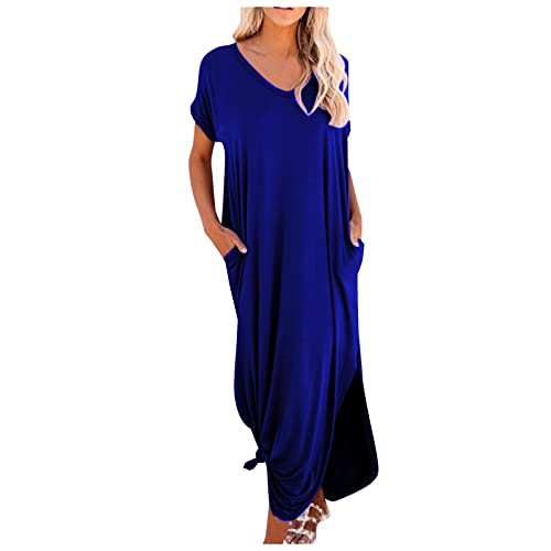 Sommerkleid Damen Elegant Kurzarm Blusenkleid Damen Sommer Lang mit Schlitz Maxikleider V Ausschnitt Sommerkleider Leicht Und Luftig Tunika Kleid Maxi mit Taschen Strandkleid Einfarbig Lässig von Generisch