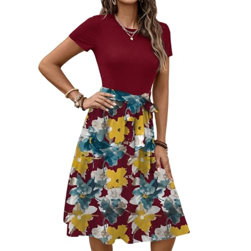 Sommerkleid Damen Elegant Rundhals Abendkleid Midi Sundress Milkmaid Dress Cocktailkleid Röcke Sommer Strandkleid Luftig Blusenkleid Blumenkleid Cartoon Kleid Outfit Altrosa Taufkleid von Generisch