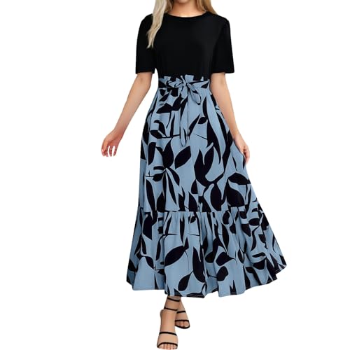 Sommerkleid Damen Elegant Sommer 2025 Boho Maxi Kleider Kurzarm Rundhals Midikleid A-Linie Blumenkleid Casual Flowy Blumenmuster Tunika Kleid Hohe Taille Ruffle Hem Strandkleid mit Gürtel S-XXL von Generisch