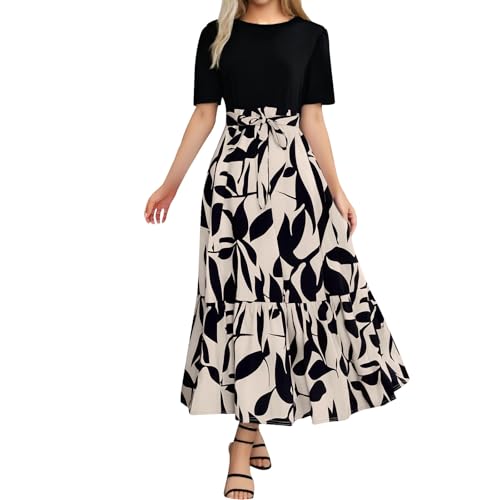 Sommerkleid Damen Elegant Sommer 2025 Boho Maxi Kleider Kurzarm Rundhals Midikleid A-Linie Blumenkleid Casual Flowy Blumenmuster Tunika Kleid Hohe Taille Ruffle Hem Strandkleid mit Gürtel S-XXL Sommerkleid Damen Elegant Sommer 2025 Boho Maxi Kleider Kurzarm Rundhals Midikleid A-Linie Blumenkleid Casual Flowy Blumenmuster Tunika Kleid Hohe Taille Ruffle Hem Strandkleid mit Gürtel S-XXL von Generisch