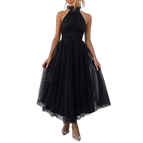 Sommerkleid Damen Hochzeit Ärmellos Langes Kleid Leicht Und Luftig Maxikleid Neckholder Cocktailkleid Elegant Strandkleid Swing Skater A-Linie Freizeitkleid Knielang Boho-Kleid Off-Shoulder Kleid von Generisch