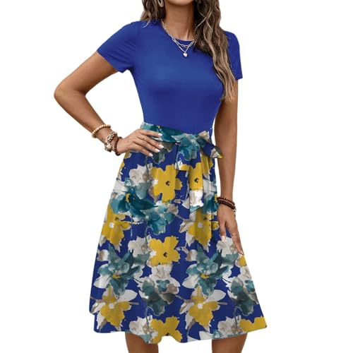 Sommerkleid Damen Kleid A Linien Midi Vintage Kurze Ärmel Midikleid Elegante Kleider Lange Blusenkleid Strandkleid Leichte Sommer-Tunika Figurschmeichelnd Hochzeit Gast Dunkelblaues Lang von Generisch