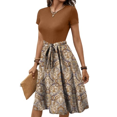 Sommerkleid Damen Kleid Elegant Kurze Ärmel mit Blumenmuster Boho Milkmaid Dress T Shirt Frühlingskleid Firmung Kleider Lang Hochzeitsgast Freizeitkleid Bauchweg Teenager Hochzeitskleid von Generisch