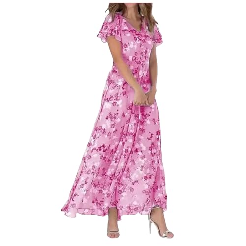 Sommerkleid Damen Kleid Lang V-Ausschnitt Blumendruck Ärmel Hohe Taille A-Linie Maxikleid mit Schlitz Tailliert Elegant Ferien Sommerkleid Lang Maxikleid Sommer V Ausschnitt Kleid Schlitz Elegant von Generisch