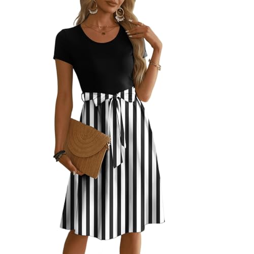 Sommerkleid Damen Kleider A Linien Elegant Ballkleider Rundhals Lang Stillkleid Sommer Boho Kleid Leichte Sommerhose Cocktailkleid Leinenkleid Ballkleid Strandtunika Festliche Blumenkleid von Generisch