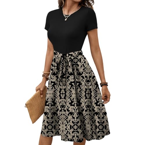 Sommerkleid Damen Kleider A Linien Sexy Kleid Kurze Ärmel mit Blumenmuster Jeanskleid Blau Festlich Ballkleider Floral Dress Hochzeitskleid Freizeitkleid Frühlingskleid Hippie Kostüm Elbise von Generisch