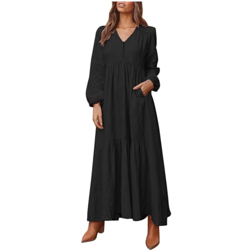 Sommerkleid Damen Kleider Sommer Leinenkleid Damen Lang Langarm V-Ausschnitt Maxikleid Baumwoll Leinen Kleid Boho Sommerkleider Strandkleid Einfarbig Locker Kaftan Langes-Kleid Freizeitkleid von Generisch
