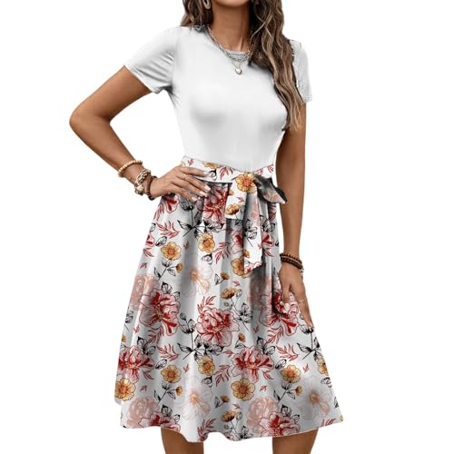 Sommerkleid Damen Kleider mit Blumenmuster Boho Kleid Kurze Ärmel Elegant Elegantes Hochzeit Abendkleid Zweiteiler Strandkleid A Linie Große Größen Cocktailkleider Ärmel Ballkleid Glitzer von Generisch