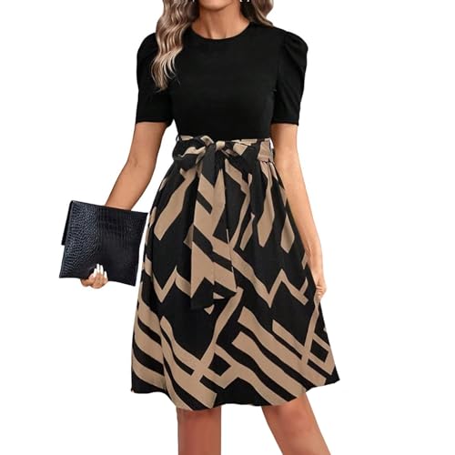 Sommerkleid Damen Knielang A Linien Tunikakleid Hohe Taille Midikleid Round-Ausschnitt Luftiges Partykleider Mit Taschen Plissee Dress Freizeitkleid Elastischem Bund Kaffee XL von Generisch