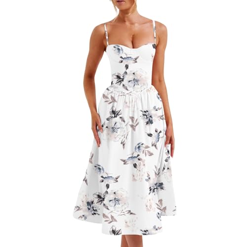 Sommerkleid Damen Knielang Boho Vintage Blumenkleid Ärmellos Spaghettiträger Strandkleid A-Linie Quadratischer Ausschnitt Midikleider Elegant Tunika Kleid Freizeitkleid Partykleid 2#Weiß M von Generisch